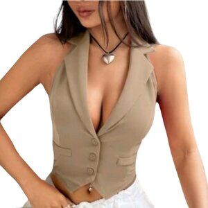 SHEIN EZwear Lapel Neck Button Front Crop Waistcoat